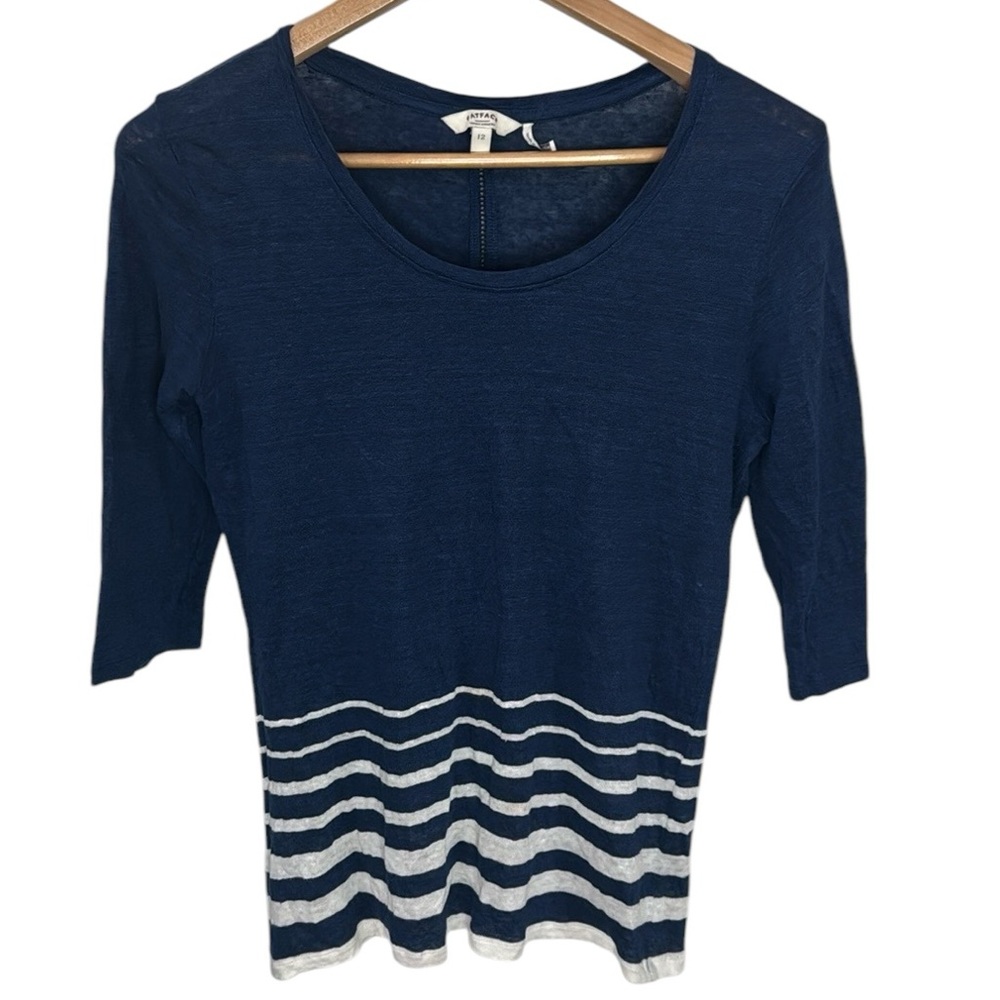 Fat Face UK 3/4 Sleeve Navy and White Striped CrewNeck Top linen cotton Size 12